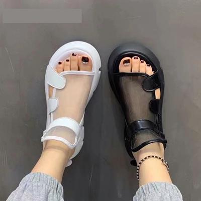 Sandals Women Summer  Fashion Thick-bottomed Breathable Eugene Yarn Mesh Magic Paste Roman Sandals Hook & Loop