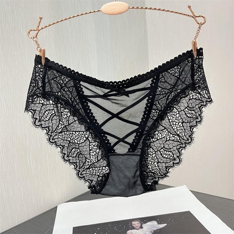 MM Sexy Thin Strap Hollow Black Panties, Women's Lace Medium and Low Waist Breathable Thin Briefs