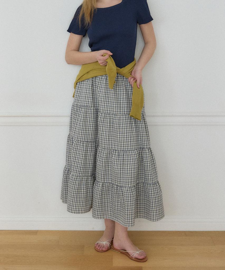 Our Hope Seersucker Tiered Elastic Skirt - Navy Check