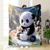 Cute Panda with Blossoms and Decor Patterned Blanket, Flannel, Suitable for All Seasons, Home Decor, Warm and Cozy
