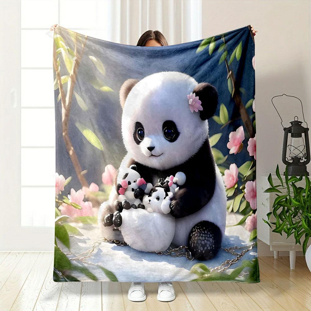 Cute Panda with Blossoms and Decor Patterned Blanket, Flannel, Suitable for All Seasons, Home Decor, Warm and Cozy