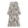 Bohemian Floral Print V-Neck Linen Blend A-Line Maxi Dress With Tie Waist Lantern Sleeves