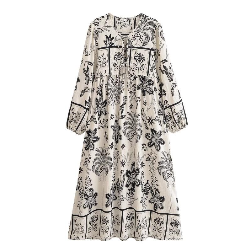 Bohemian Floral Print V-Neck Linen Blend A-Line Maxi Dress With Tie Waist Lantern Sleeves