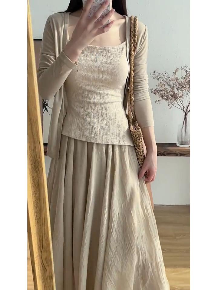 Luxurious Retro Ice Silk Cotton Linen Midi Skirt for Women: Spring/Summer 2026 Slimming High-Low Floor-Length Dress