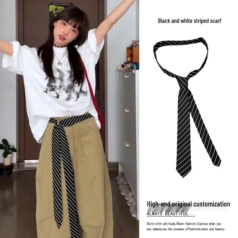 Czarny Paskowany Jedwabny Szal Pasek: Dodatek - Pasek do noszenia w talii i wstążka na szyję do podwójnego użytku