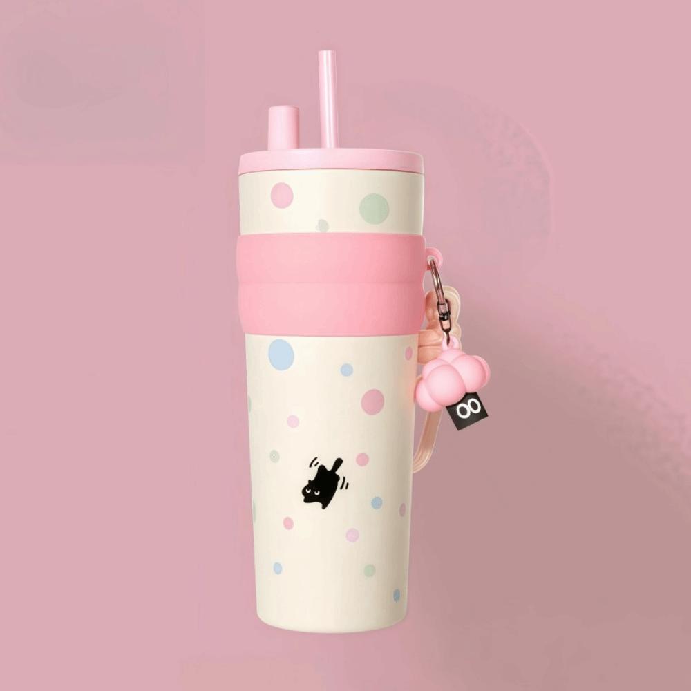 

24oz/710ml Vacuum Cup 316Stainless Steel with Lid Coffee Mug Polka Dot Series with Lifting Rope Insulated Cup For Boys and Girls 780ml рожевий