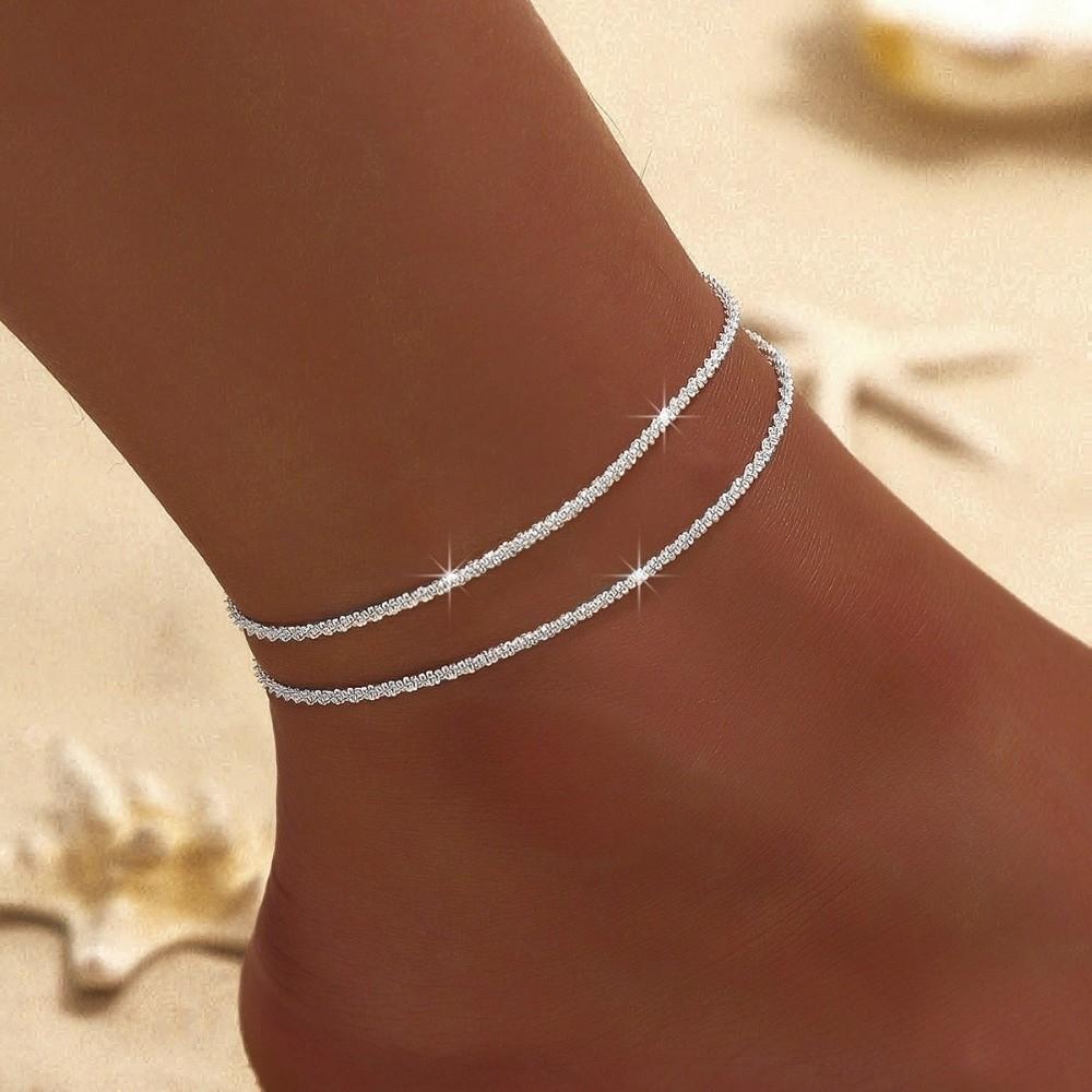 2pcs Adjustable Ankle Chain Sparkling Thin Foot Chain Double-Layer Anklet Daily Parties