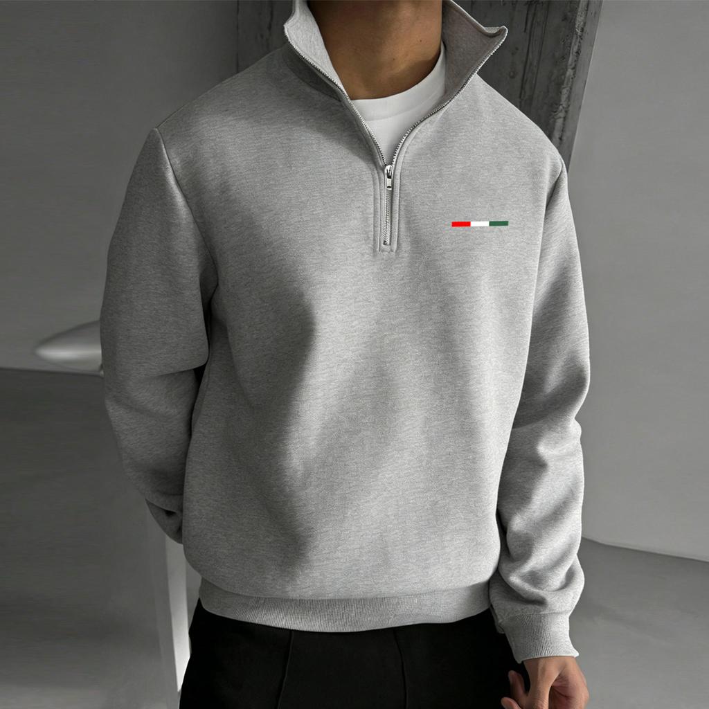 Alltagstauglich Vielseitig ITALIEN Dreifarbiger Gestreifter Halbreißverschluss-Pullover: Einfacher, lässiger Pullover mit lockerem Schnitt und Stehkragen