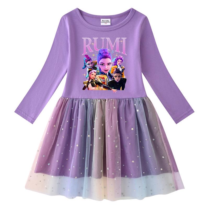 Kinder Kpop Demon Slayer Regenbogen Pailletten Prinzessinnenkleid - Kurzarm Sommer & Langarm Frühling/Herbst Optionen