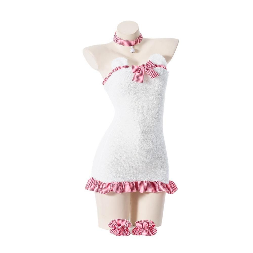 Fun Christmas Plush Backless Maid Dress Bear Nightdress, Sexy Plaid Lace Bow Pajamas Hip Skirt