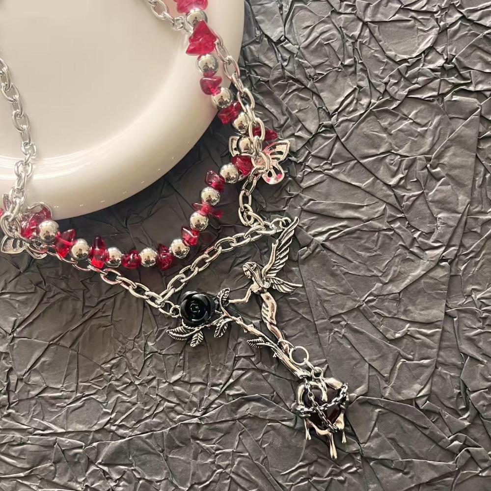 Angle Gothic Multilayer Necklace Heart Pendant Clavicle Chain Choker Crystal Beads Necklace  Gifts