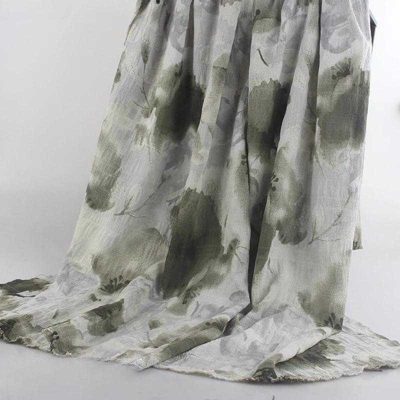 New Ink Print Floral Dress Fabric French Loose Halter Slimming Chinese Style Bubble Skirt Fabric Sewing for Clothes Dresses
