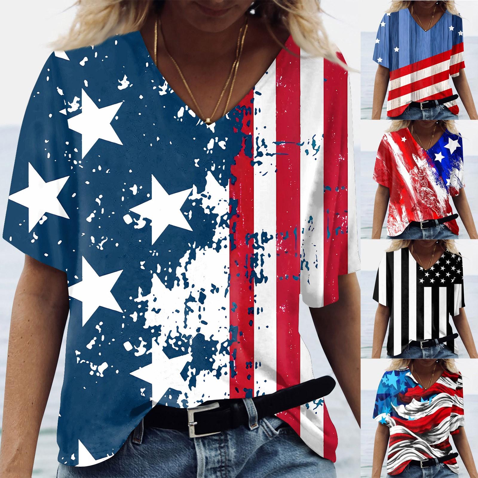 

(Куниде) Женская модная повседневная свободная футболка с коротким рукавом и v-образным вырезом с принтом ко Дню независимости, топ