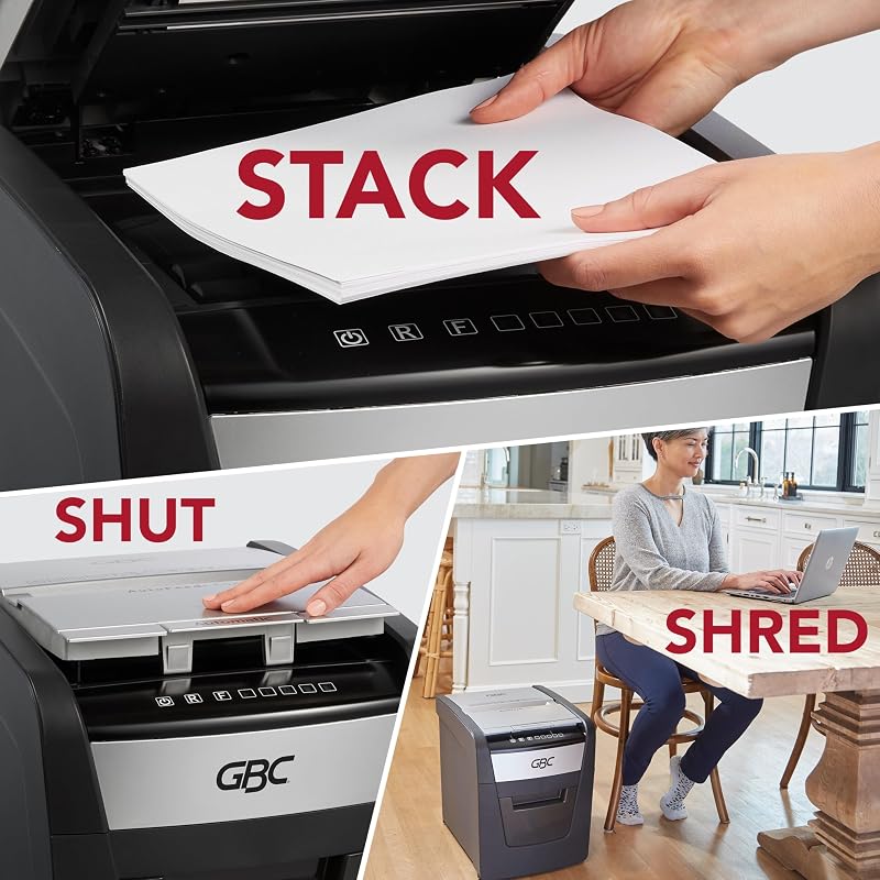 GBC ShredMaster AUTO+ 50X Auto Feed Paper/Credit Card Cross Cut Shredder with 50 Sheet Capacity and 20L Bin for shreddin