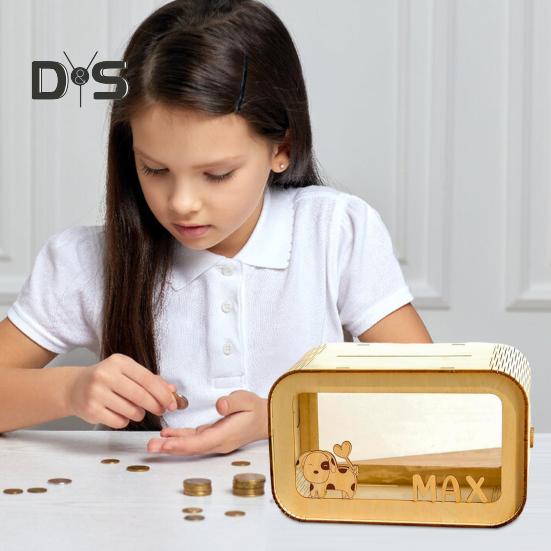 Transparent Trälåda för Pengar Stor Kapacitet Spargris Mynt Kontantbehållare Barn Vuxna DIY Tecknad Pengasparande Fodral Förvaringsburk Dekoration