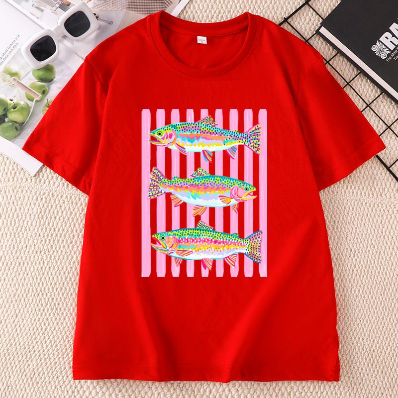 Fish T Shirt Rainbow Cotton Short Sleeve Trout Fishing TShirt Preppy Summer Graphic Tee Outdoor Girls Ladies Fishing Tshirt