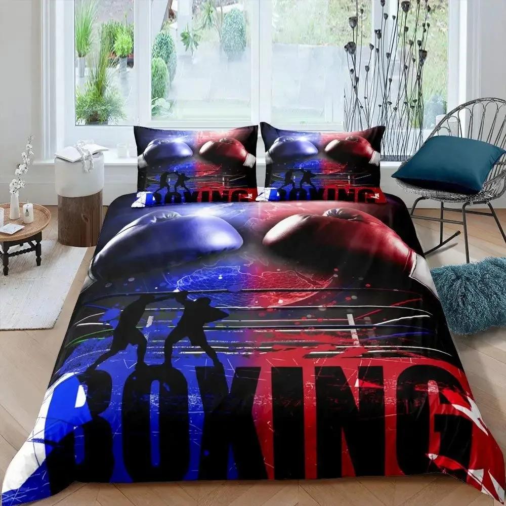 Adult Boxing Duvet Cover Set Queen,Sports Games Theme Bedding Sets Boxing Gloves Quilt Cover,Athlete Silhouette Comforter Cover