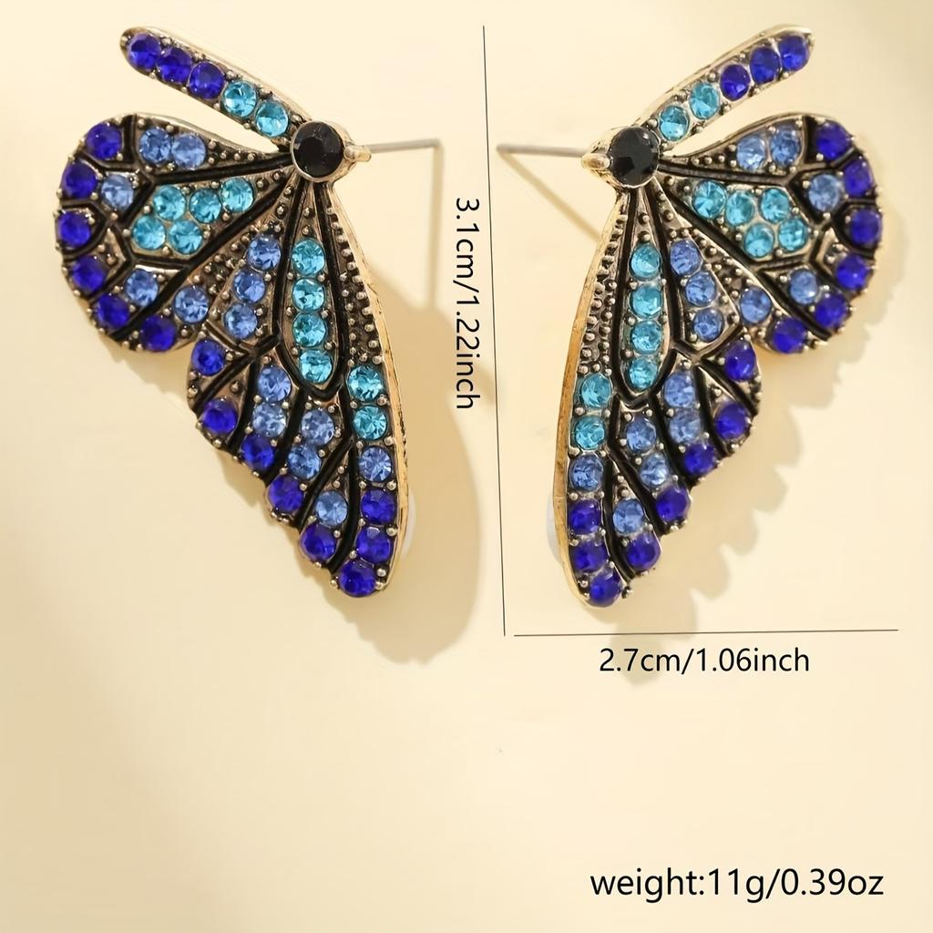 Retro Colorful Rhinestone Butterfly Stud Earrings Fashion Sweet Light Luxury Women's Temperament High-class Earrings