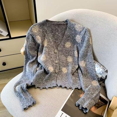 Vintage Polka Dot Damenbekleidung Herbst Neu Kleiner Fauler Stil Langarm Hals Cardigan Pullover Oberteil