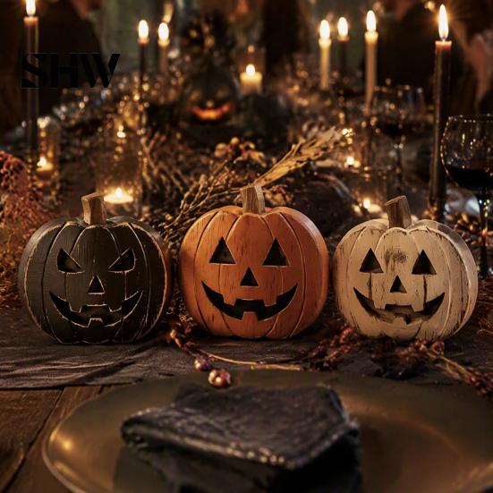 Festive Seasonal Props 3Pcs Halloween Pumpkin Tabletop Decor, Rustic Face Wooden Block Handmade Art Ornaments, Farmhouse Desktop Craft for Home Party
