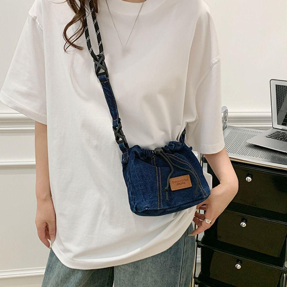 Large Capacity Drawstring Crossbody Bag Solid Color Jeans Shoulder Bag Denim Canvas Bag  Women