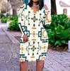 Women Plus Size V Neck Long Sleeve Black White Printed Fitted Straight Midi Dress