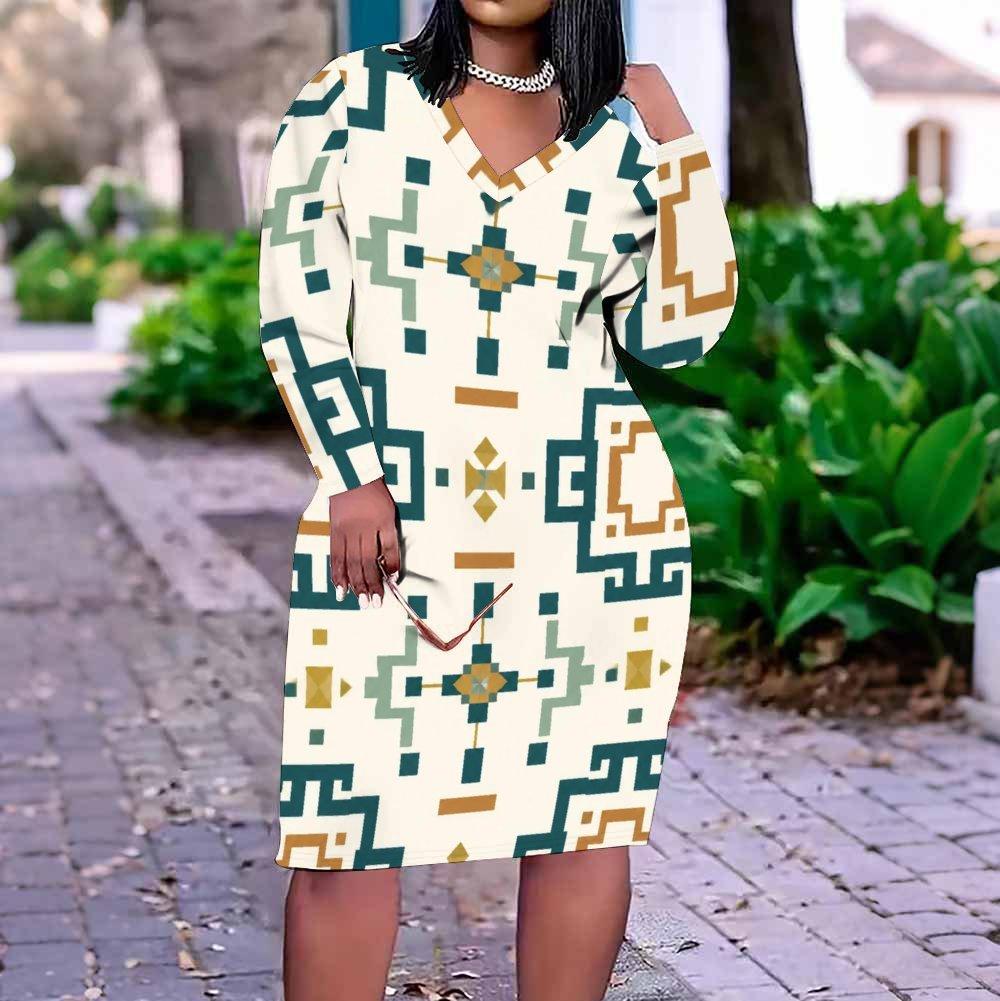 Women Plus Size V Neck Long Sleeve Black White Printed Fitted Straight Midi Dress