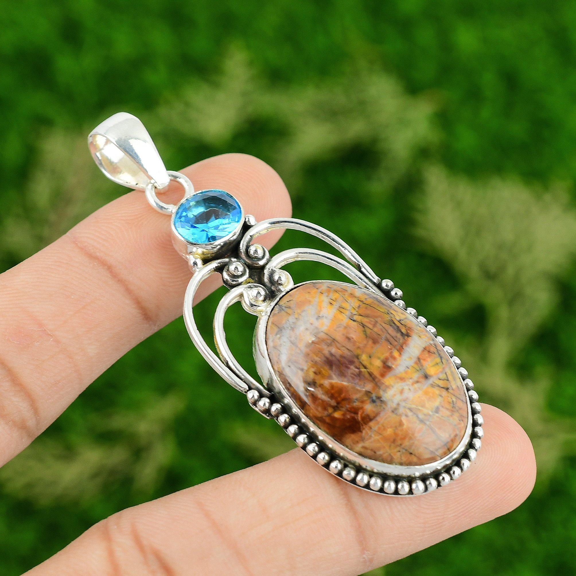 

925 Silver Natural Butterfly Jasper Swiss Blue Topaz Bezel Boho Pendant Jewelry