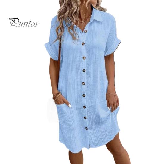 

Женское хлопковое льняное платье, повседневное платье на пуговицах с V-образным вырезом и карманами, летний пляжный сарафан с коротким рукавом XXXL светло-синий