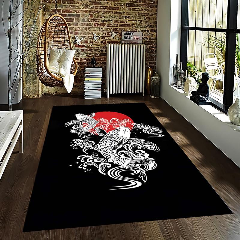 Koi Fish Rug with Wave Pattern and Red Sun Background Suitable for Use As an Anti-slip Game Mat for Living Room and Bedroom Sofas