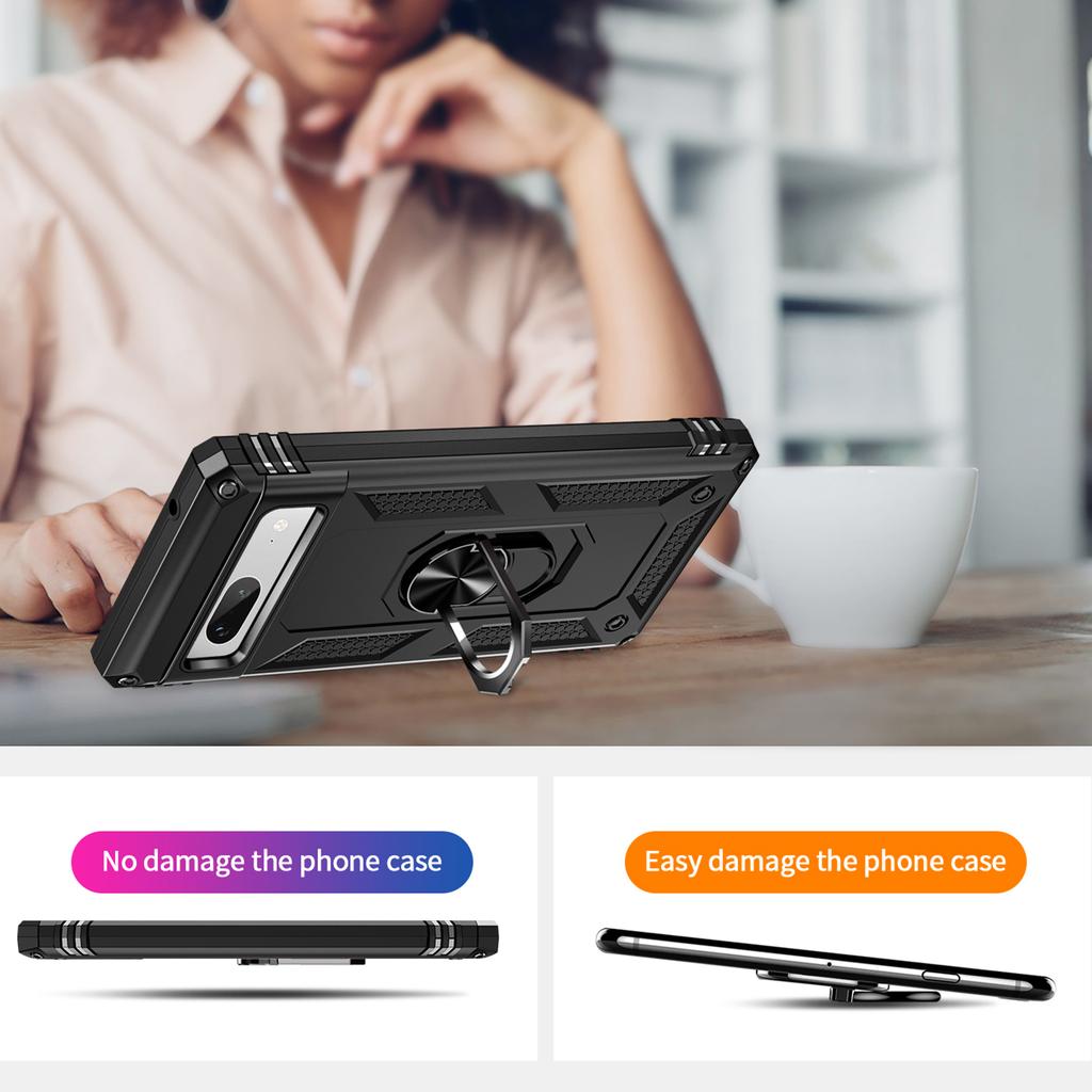 Rückenschutz Handyhülle für Google Pixel 7a, Militärischer Fallschutz PC+TPU Schutzhülle mit Ring-Ständer