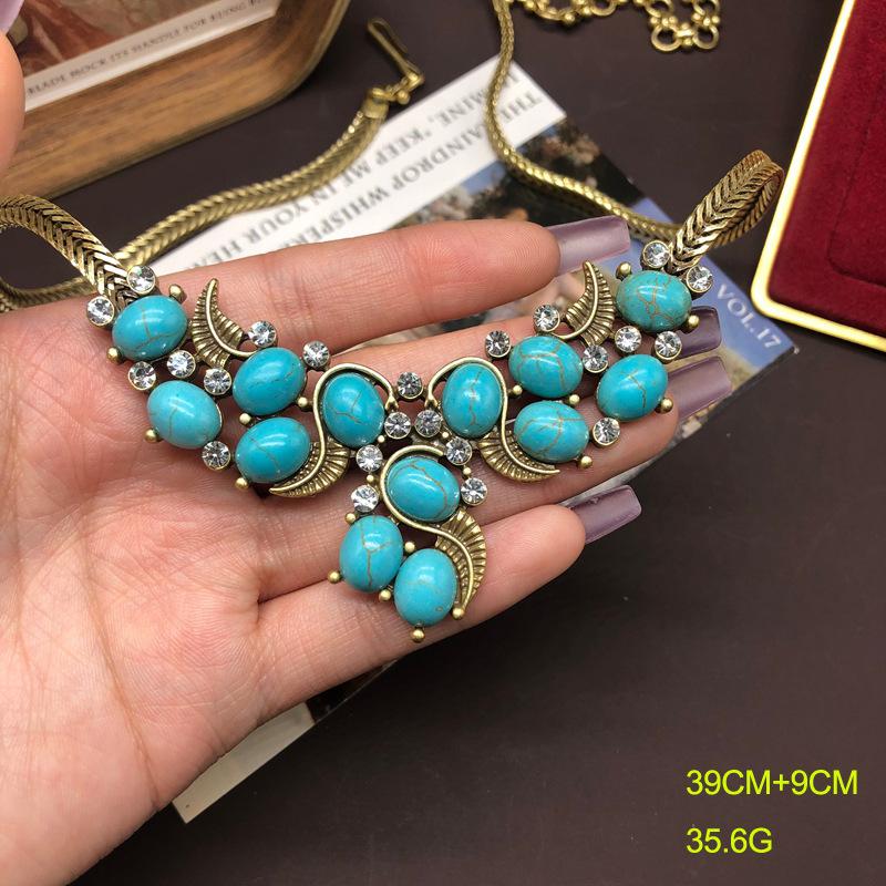 Vintage Design Copper Chain Made Old Gold Qinghai Green Turquoise Lapis Lazuli Necklace Stud Earrings Set Elegant Versatile Jewelry