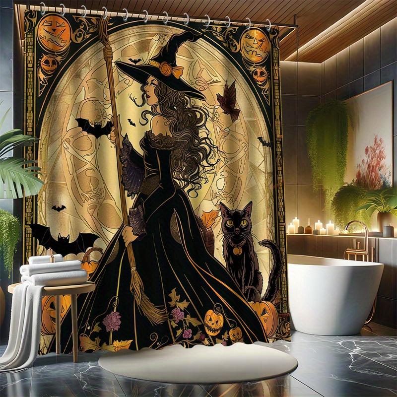 

Halloween Witch Shower Curtain Set - Cute Cat & Witch, Water-Resistant Polyester, Machine Washable, All-Season, Modern Decor W60H190(CM)-1 Pcs