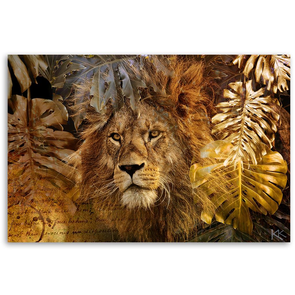 Canvas Print, Lion and Golden Leaves Monstera