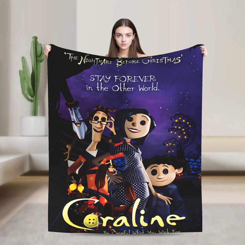 Coralines Animated Movie Blanket  Travel Flannel Throw Blanket For Living Room Warm Soft Custom DIY Quality Bedspread Gift Idea