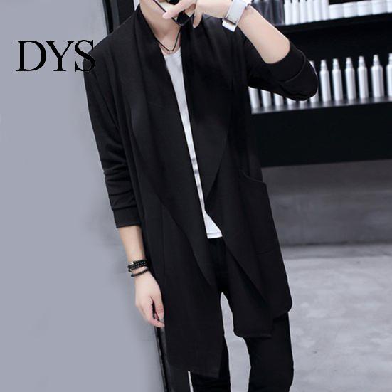 Men Cloak Trench Windbreaker Large Neckline Solid Color Cardigan Slim Mid-length Draping Overcoat Outwear Streetwear