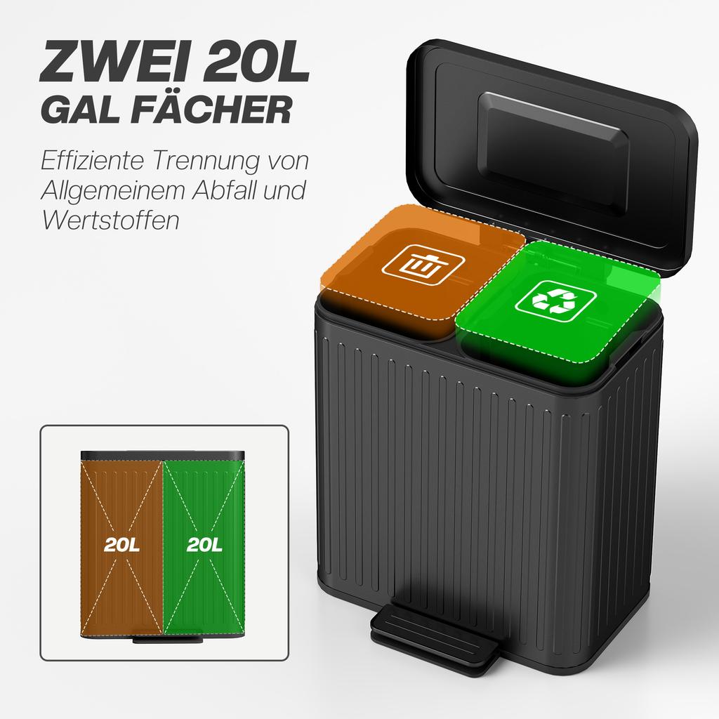 40L Dual Compartment Rubbish Bin, with Soft-Close Lid - Black