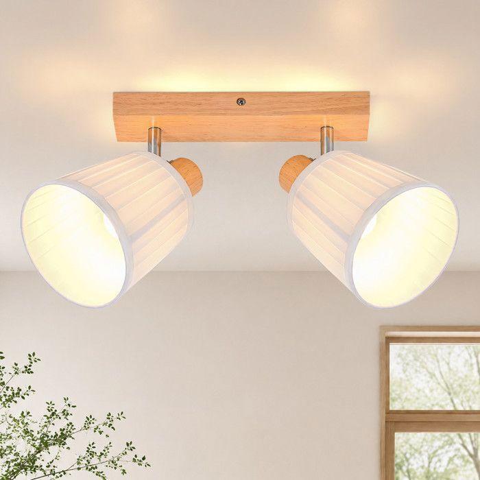Projecteur à double tête - NETTLIFE - E14 - Rotation 350° - Abat-jour bois et tissu - Blanc
