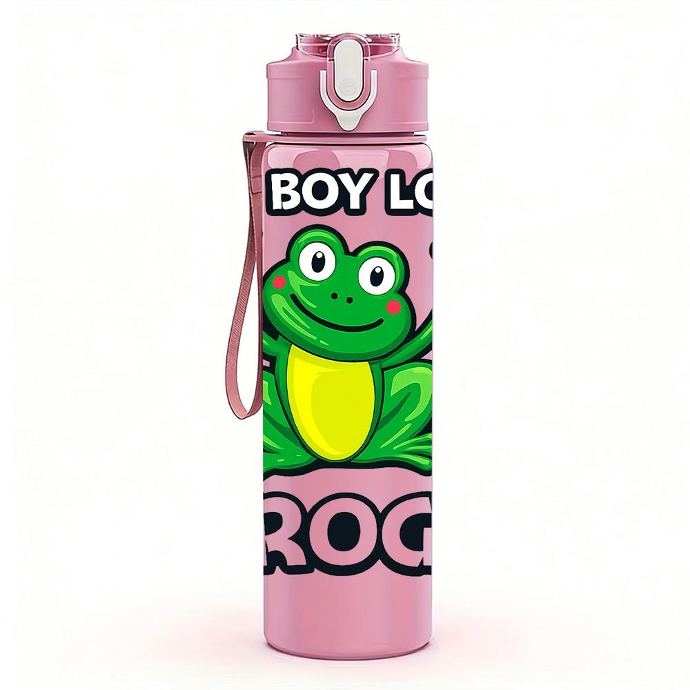 1PC This Boy Loves Frogs Cartoon Print 750ml Color Plastic Sports Water Bottle Leakproof Flip Straw Lid Suitable for Sports Office Home Use