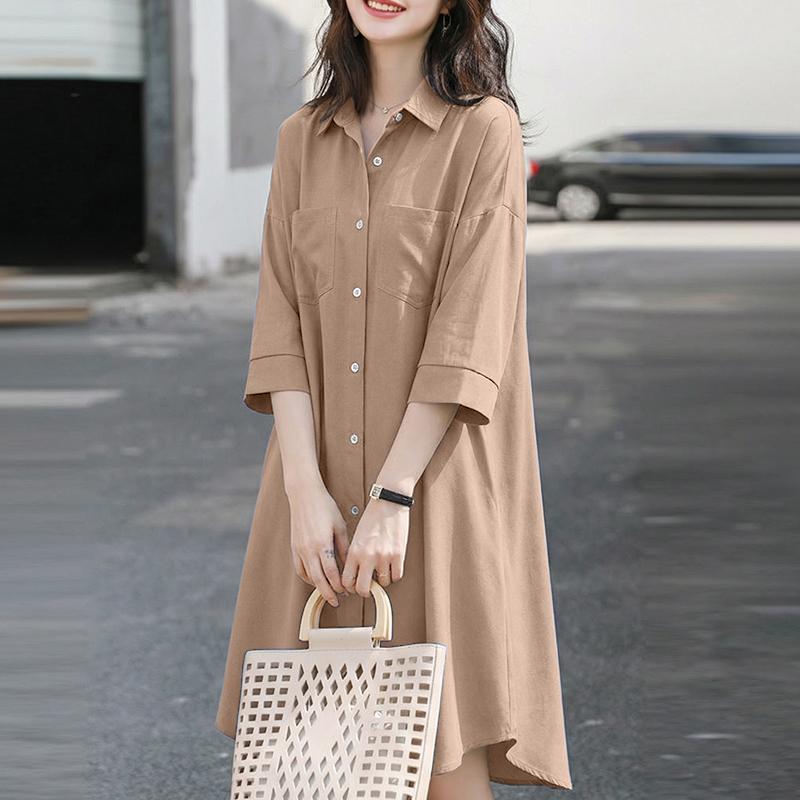 ZANZEA Abito Chemisier Casual Lento da Donna con Collo a Revers e Maniche a 3/4