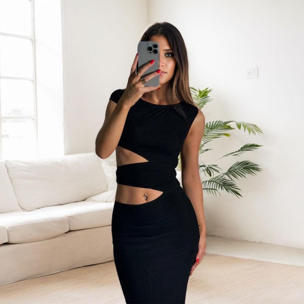 Women's Elegant Spring/Summer Hollow Out Bodycon Dress - European & American Style, Slim Fit, Long Length