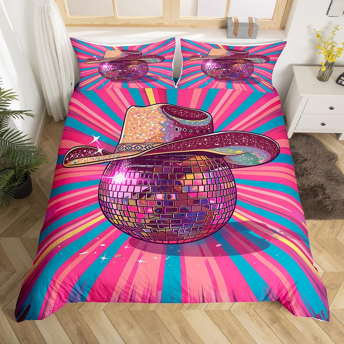 

Disco Cowgirl Duvet Cover Full Bedding Set Preppy Bedding Teen Girl Bedding Western Cowboy Cowgirl Boots Hat Quilt Cover Warm EU Single(135*200cm)3pcs