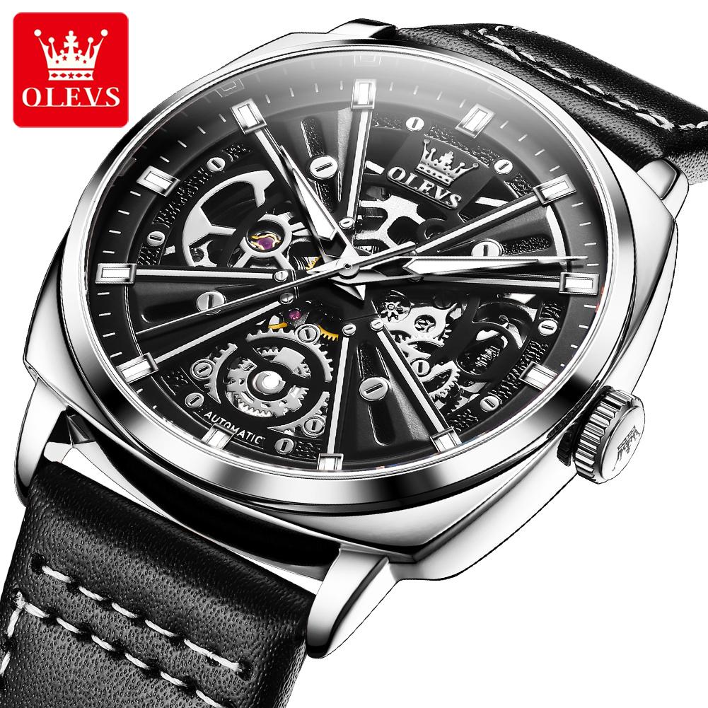 OLEVS 6685 OEM Custom Logo Relogio Luxuriös Skelett Durchbrochen Luminous Sport Echtsleder Automatisch Mechanische Uhr für Mann