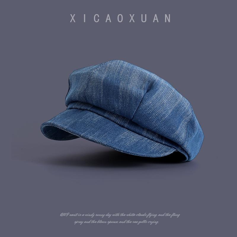 Retro Denim Octagonal Hat Women's Autumn Versatile Painter Hat Washed Beret Retro Casual Newsboy Hat Tide