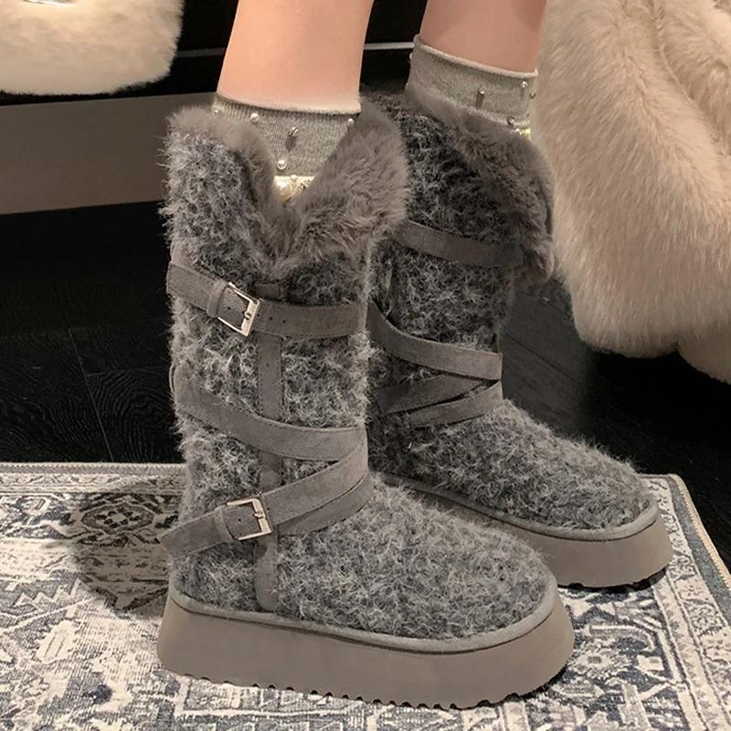 Designer Women's High Boots Flats Platform Warm Cotton Shoes Fashion Snow Botas  Short Plush Sport Winter Mujer Ladies Boots