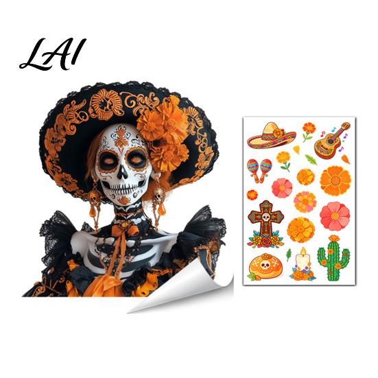 Celebration Accessories Day of The Dead Window Clings Halloween Double-Sided Skull Sticker Decals Colorful Flower Skeleton Static for Mexican House