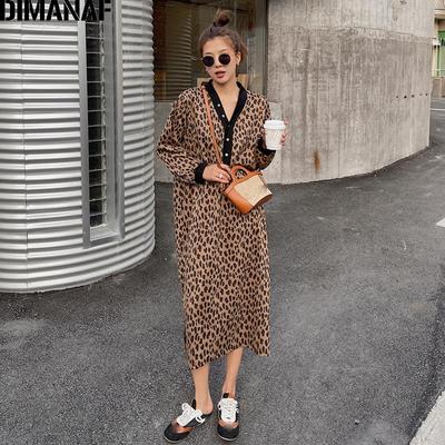 DIMANAF Plus Size Dames Luipaardprint Katoen Gebreide Lange Jurk Losse Kleding Herfst Overhemdjurk Lange Mouw