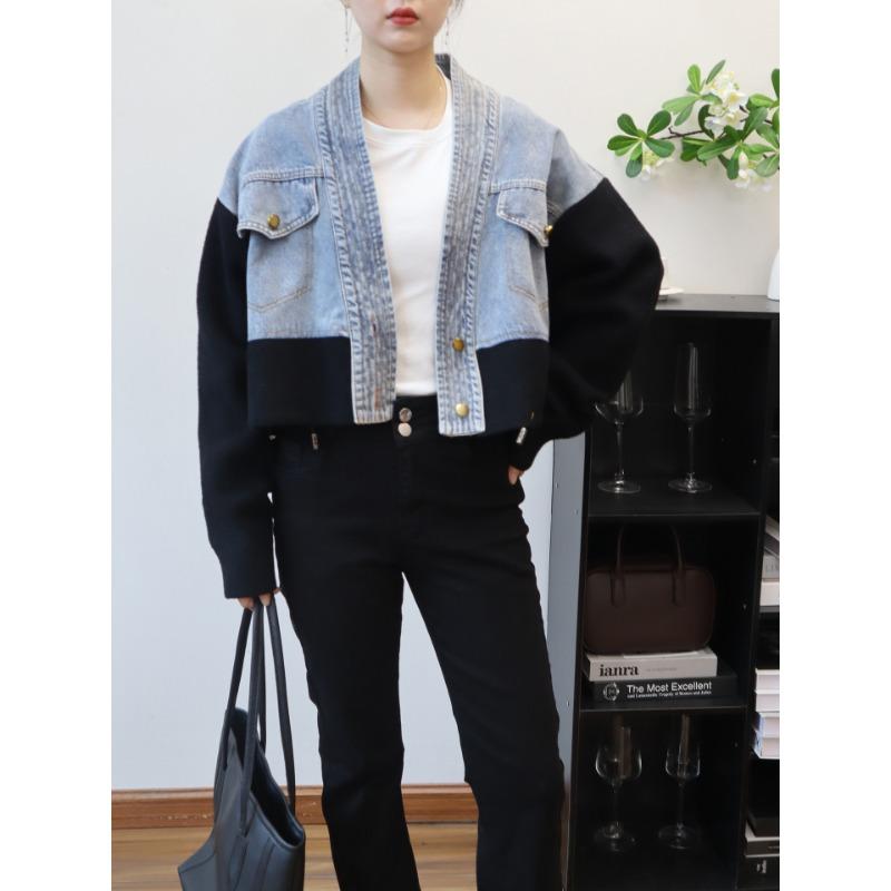 Short Spliced Denim Knitted Double-sided Cardigan Autumn and Winter New Loose Temperament Sweater Jacket Women