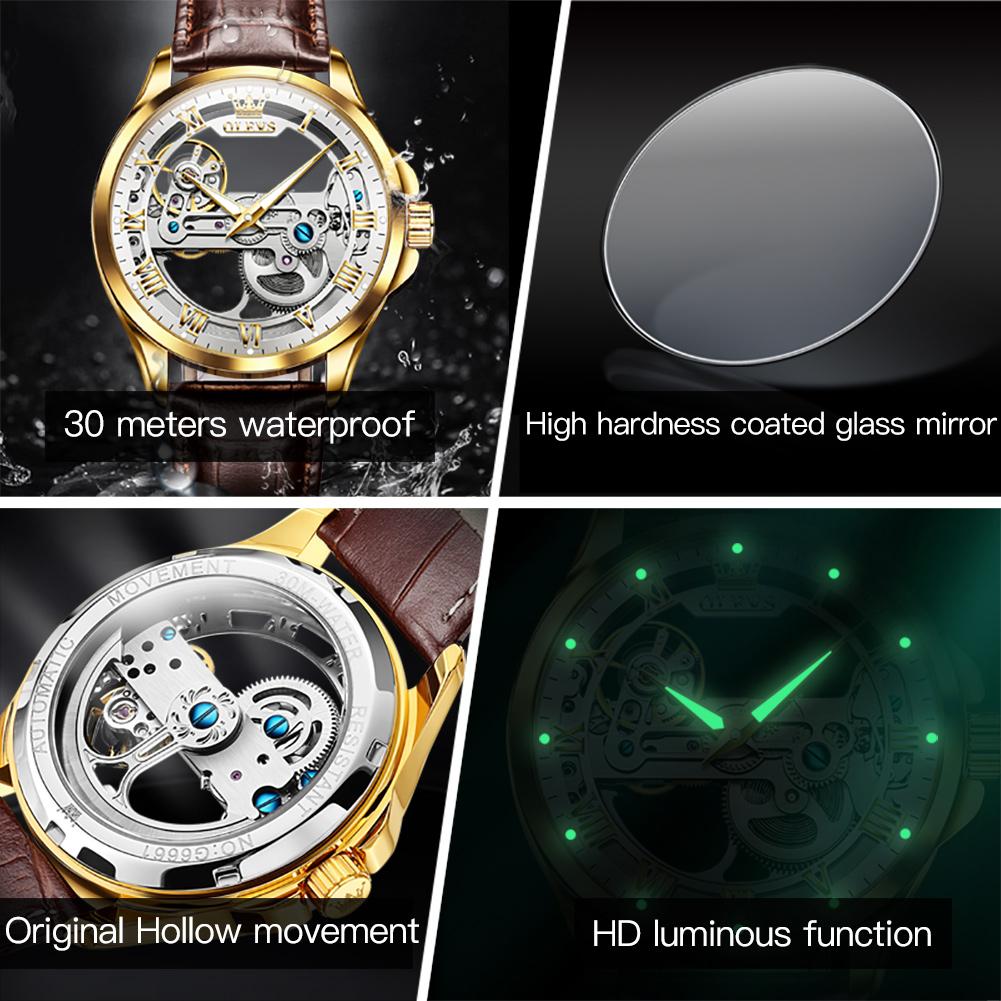 OLEVS 6661 Man Watch Fully Hollow Leather Strap Waterproof Luminous Men's Automatic Mechanical Wristwatches Luxury Business