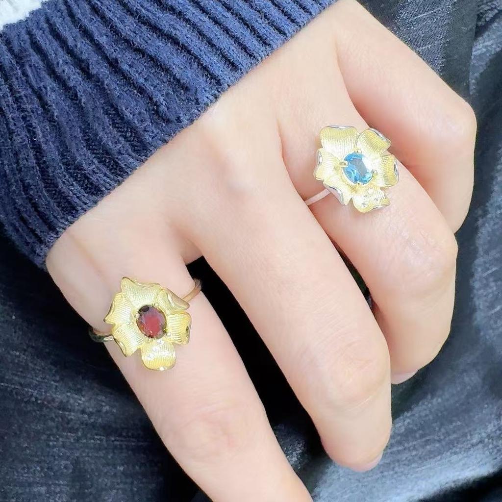 Premium S925 Sterling Silver Natural Colored Treasure Index Finger Ring Female Flower Original Design Niche Wind Does Not Fade